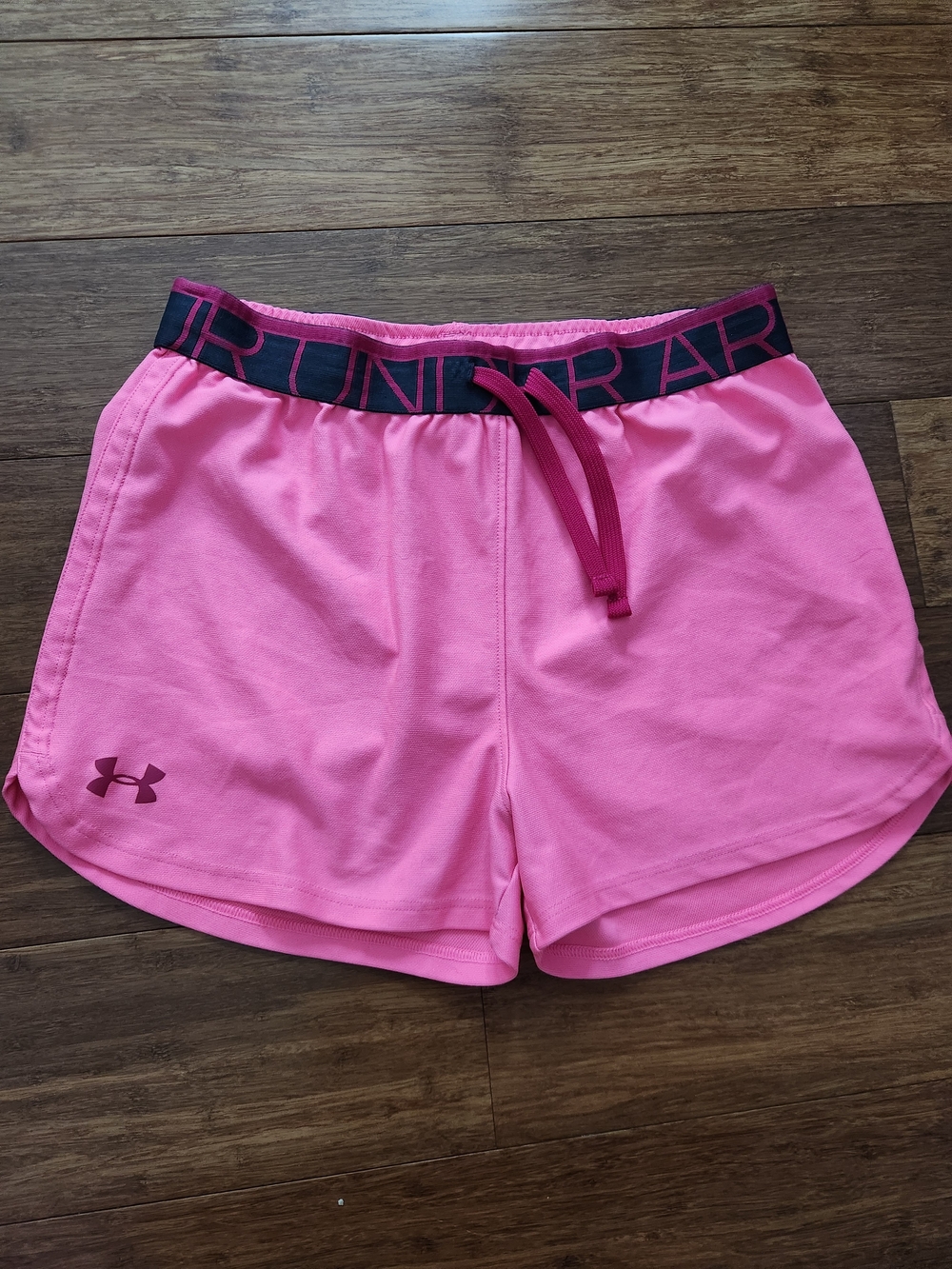 Under Armour Girl's Pink Athletic Shorts w/ Black Branded Waistband, Youth Large